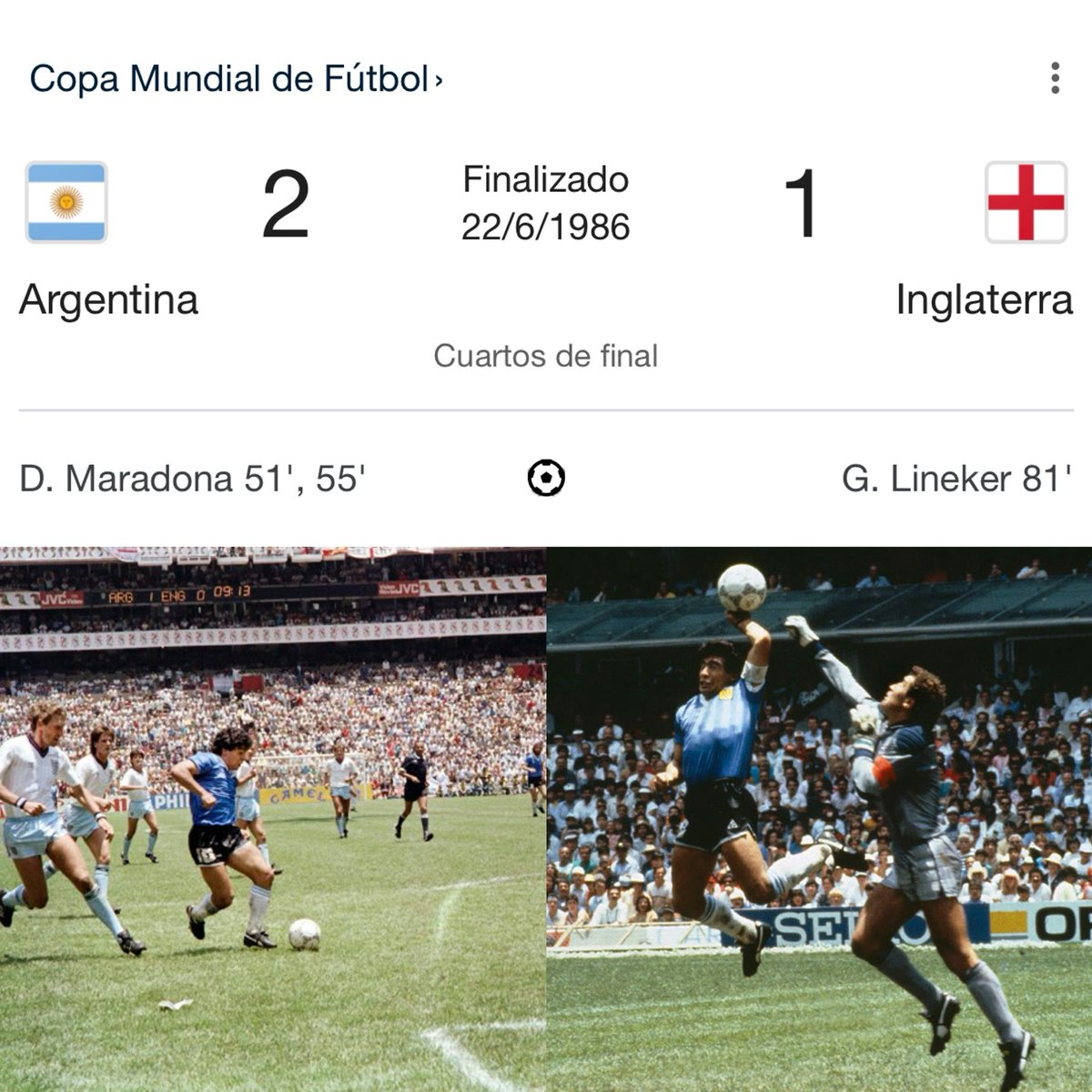 🇦🇷 Maradona en 4 minutos hizo los dos goles más icónicos en la historia de los mundiales. 

✋ La Mano de Dios. 
⭐️ El Gol del Siglo.