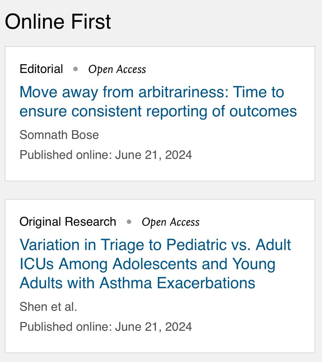 Hayley Gershengorn (@hbgmd) on Twitter photo 🌞 Enjoy summer wkend 1 w 2 #journal_CHESTCritCare pieces:
1️⃣ @bhuis21, <a href="/anicalaw/">Anica Law, MD MS</a>, et al 👀 at how triaging of asthma teens/20yos… PICU or MICU❓
chestcc.org/article/S2949-…
2️⃣ <a href="/somnathbose07/">Somnath Bose, MD, MPH</a> editorializes Parrotte et al’s review of 💪 recovery outcomes
chestcc.org/article/S2949-… 🌞 Enjoy summer wkend 1 w 2 #journal_CHESTCritCare pieces:
1️⃣ @bhuis21, <a href="/anicalaw/">Anica Law, MD MS</a>, et al 👀 at how triaging of asthma teens/20yos… PICU or MICU❓
chestcc.org/article/S2949-…
2️⃣ <a href="/somnathbose07/">Somnath Bose, MD, MPH</a> editorializes Parrotte et al’s review of 💪 recovery outcomes
chestcc.org/article/S2949-…