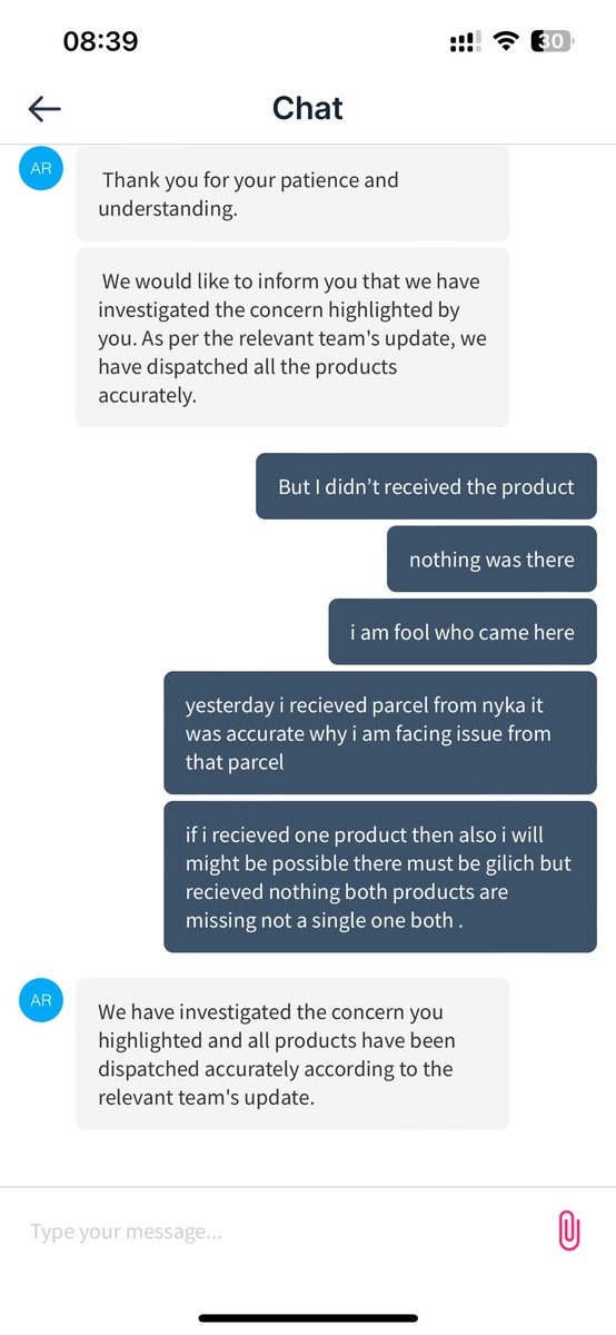 komal5708446's tweet photo. This is how @MyNykaa  harass the people. As I didn’t received my product but they not giving any kind of resolution properly. Repeating one thing continuously. We are fool who pay amount of Rs590 for empty box https://t.co/6i1vbT8s65