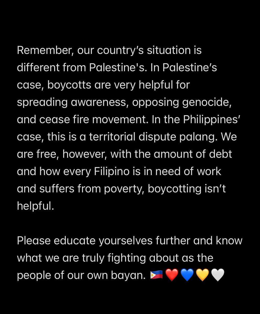 rkuawa's tweet photo. spreading awareness should be prioritized rather than boycotting. in order to protect this country's rights, you should use your voice first in order for others to know the severity of the situation!

#AtinAngWestPhilippineSea
#AminAngWestPhilippineSea https://t.co/kWWC6B8gxT