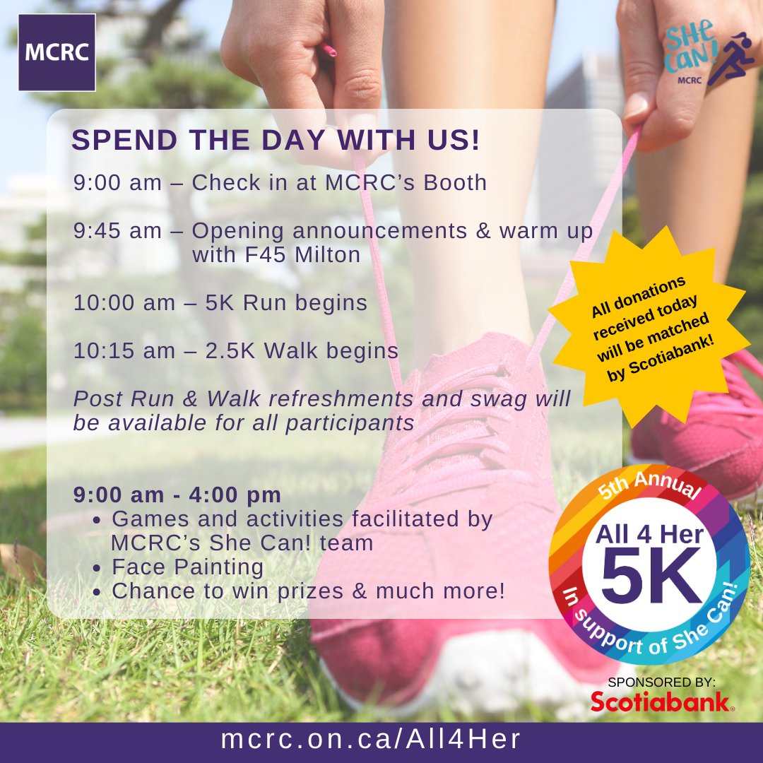 MCRC (@mcrchalton) on Twitter photo Come spend the day with us at the Milton Fairgrounds! All donations received today will be matched by our event sponsor, <a href="/Scotiabank/">Scotiabank</a>. Support MCRC's 5th Annual #All4Her today & make a difference! Visit mcrc.on.ca/All4Her to learn more.
#5k #CommunitySupport #SheCan #Milton Come spend the day with us at the Milton Fairgrounds! All donations received today will be matched by our event sponsor, <a href="/Scotiabank/">Scotiabank</a>. Support MCRC's 5th Annual #All4Her today & make a difference! Visit mcrc.on.ca/All4Her to learn more.
#5k #CommunitySupport #SheCan #Milton