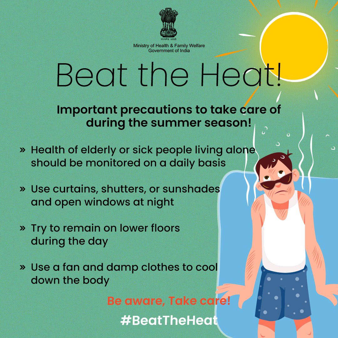 MoHFW_INDIA's tweet photo. Protect yourself from the heat!
Follow these simple tips to stay safe and comfortable during this summer season.
.
.
#BeatTheHeat https://t.co/ywZCEeUNzH