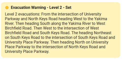Wa_fire_watch's tweet photo. #KeysRoadFire Evacuation Level Reduced to Level 2 (Get Ready) for the residents of Terrace heights area! Yakima, WA - Have your family and pets ready to leave! See https://t.co/iuFYLdVc1f for evacuation boundary and updates!
The fire remains at 56 acres! Unknown containment! https://t.co/nmKUhfUhE8