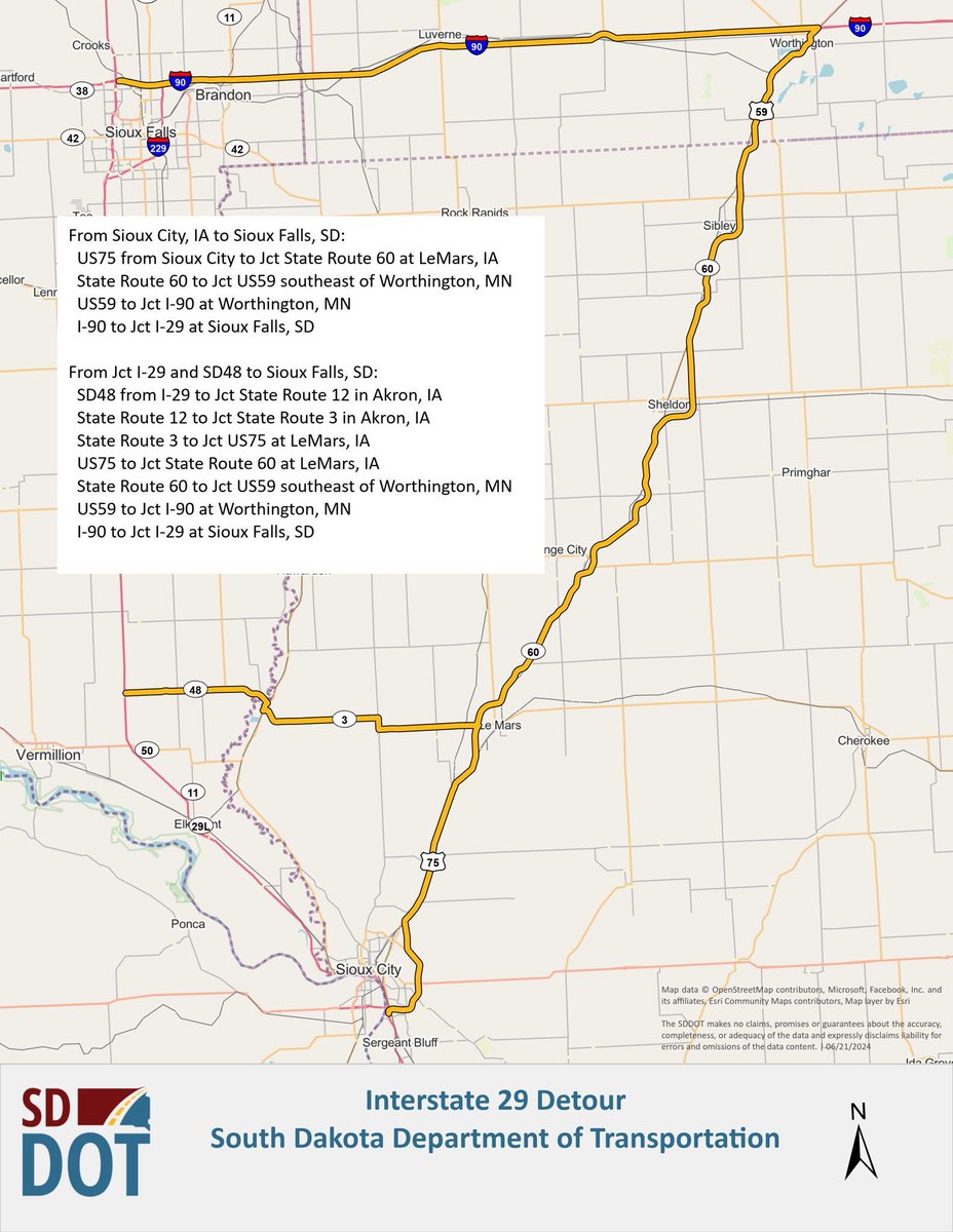SouthDakotaDOT's tweet image. Interstate 29 remains blocked at exit 50 (Centerville) and exit 62 (Canton). An alternate route has been created in conjunction with the Iowa Department of Transportation and the Minnesota Department of Transportation.

Full Press Release: dot.sd.gov/blog/3246/floo… 

#SDDOT #SD511