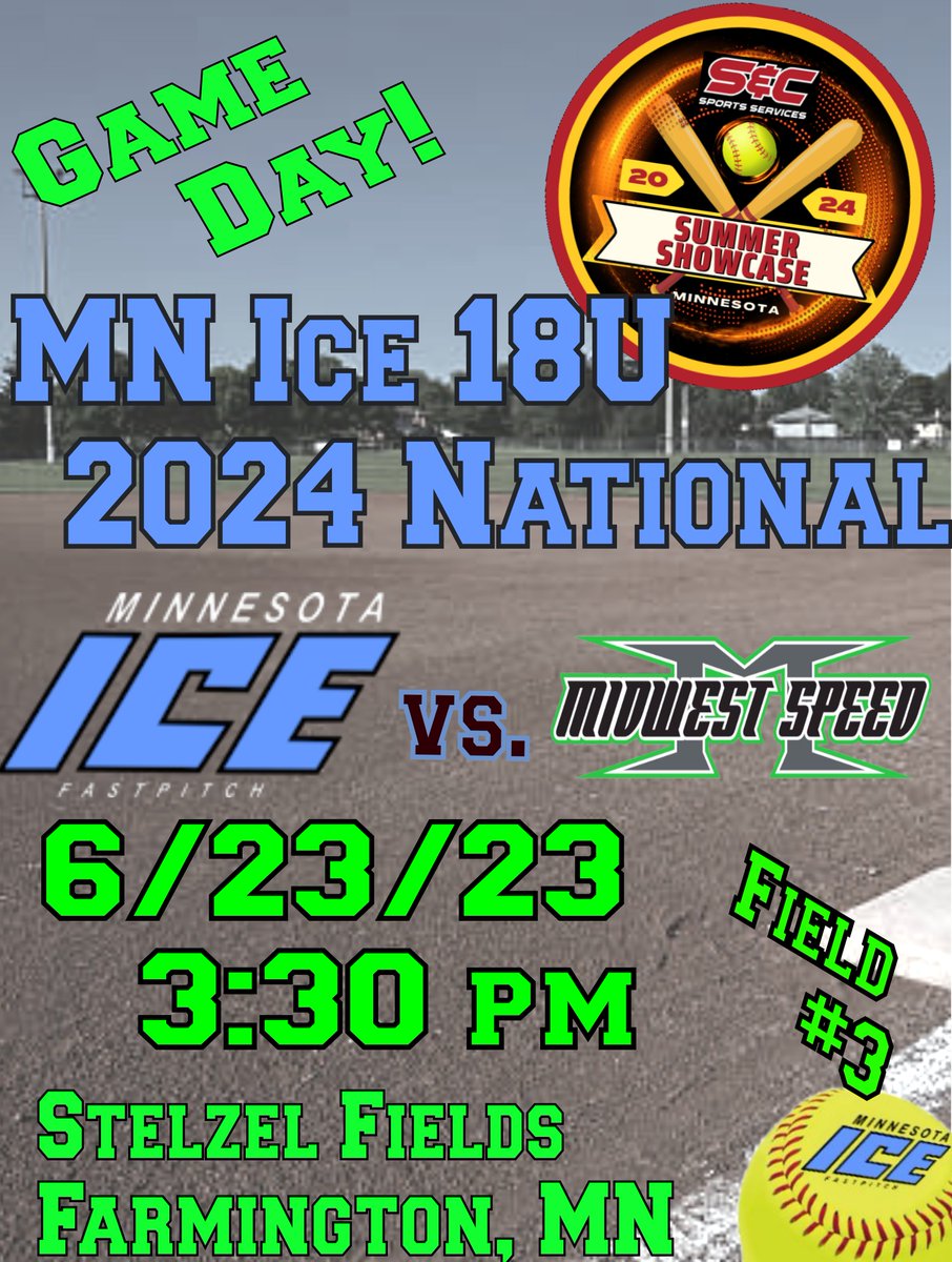 Mnice18UNat2024's tweet photo. Third of three in a back-to-back-to-back fastpitch marathon will have the MN Ice vs. Midwest Speed.  This one switches to field three.

Sunday June 23rd 2024
1st Pitch 3:30PM
Stezel Feild #4
Farmington, MN https://t.co/zfCgfQMxYS