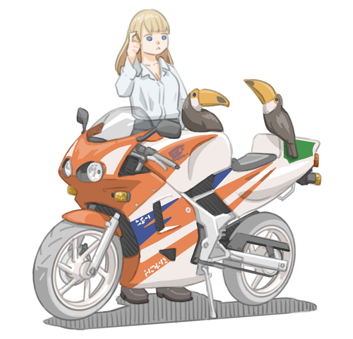 「登校しようと思ったらオニオオハシに愛車を乗っ取られていた女子です。 (ホンダ N」|きわみらい@バイクJKのイラスト描きのイラスト