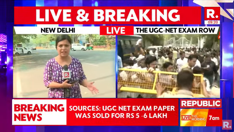 republic's tweet photo. #LIVE | UGC-NET June 2024 exam paper was widely leaked and was being sold for Rs 5-6 Lakh: Sources
Tune in here for the latest updates: https://t.co/6Xgvs8HmFk
#UGCNET #NTA #UGCNETPaperLeak https://t.co/GmlRQ3uLiA