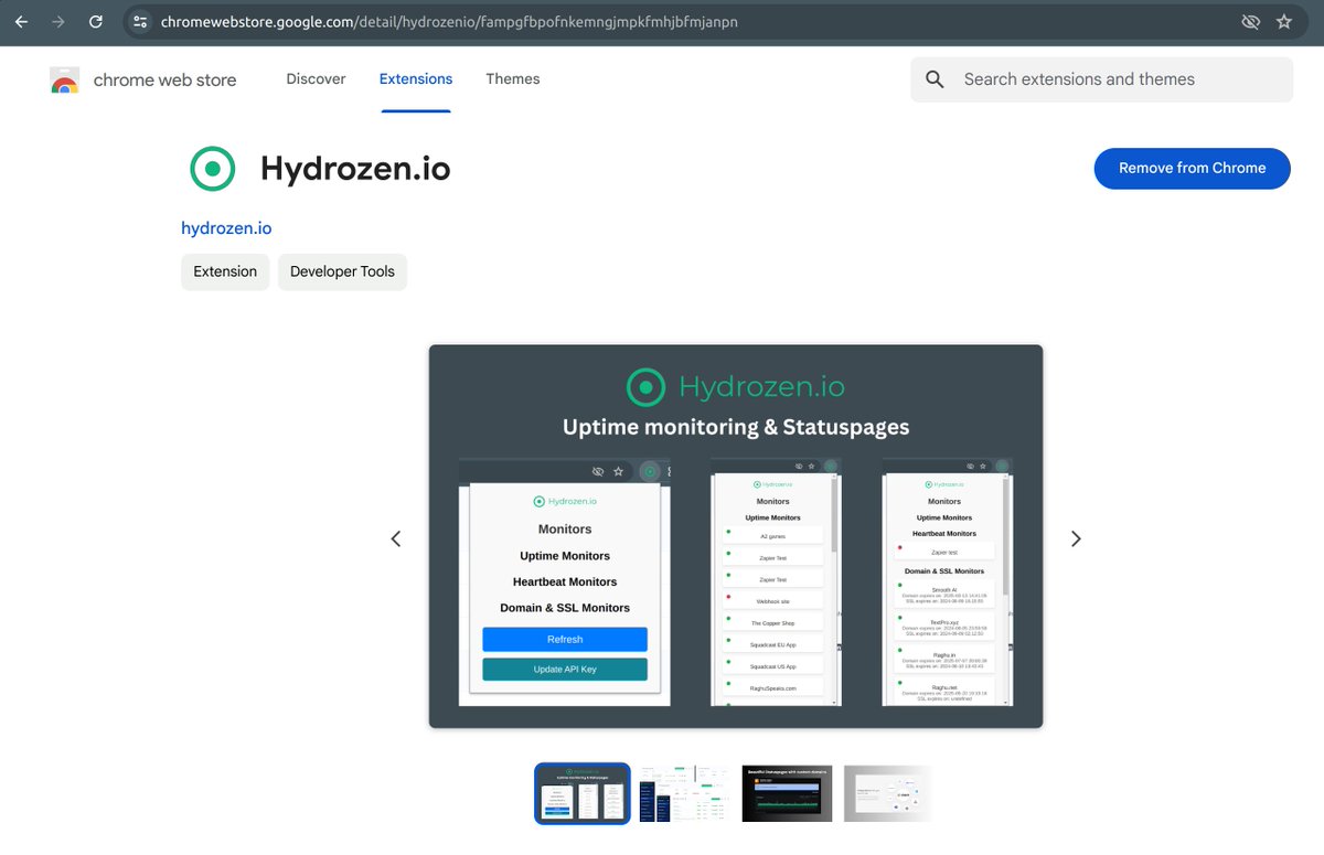 RaghuChinnannan's tweet photo. @hydrozenio Chrome extension is finally live!
#buildinpublic #chrome #extension #webstore #uptime #monitoring https://t.co/MFUQ8T3QhL