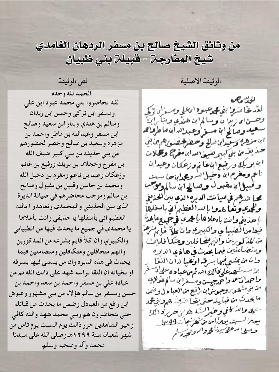#السعودية_العظمى_غامد
الحمدلله وحده
من وثائق جدي ألشيخ /صالح بن مسفر الردهان شيخ قرية المفارجة 
هذي الوثيقه تحكي بين طياتها ماكانت عليه قبيلة #بني_ظبيان وقبيلة #بني_كبير_من_غامد بمنطقة #الحجاز عام ١٢٩٩م من تكاتف وتعاون وحب وتقدير ؛ 
وماهي عليه الآن في ضل حكومتنا الرشيده من أمن
