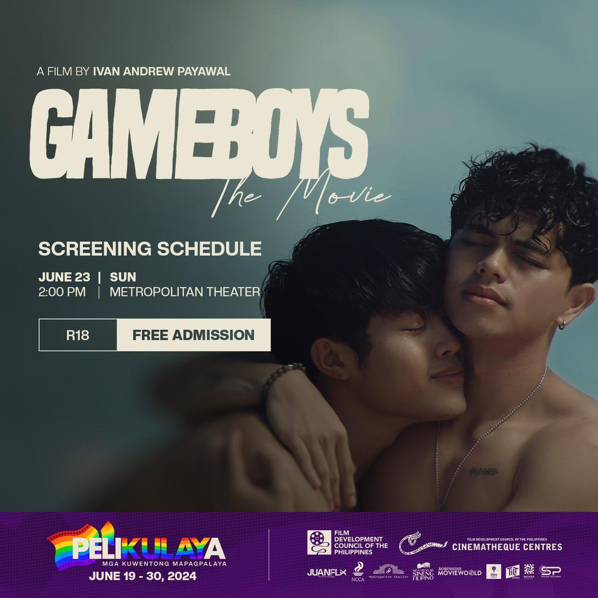 Thank you <a href="/fdcpofficial/">Film Development Council of the Philippines</a> for featuring Gameboys The Movie in Pelikulaya 2024, this Sunday at the Metropolitan Theater!

facebook.com/share/p/f9VfmM…?