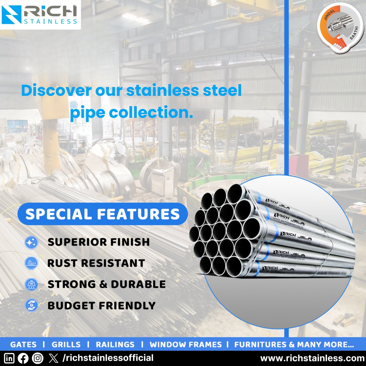 When quality matters, choose our stainless steel pipes for unmatched performance and reliability. #stainlesssteel #304stainlesssteel #stainlesssteelstaircase #jindalsteel #richstainless
