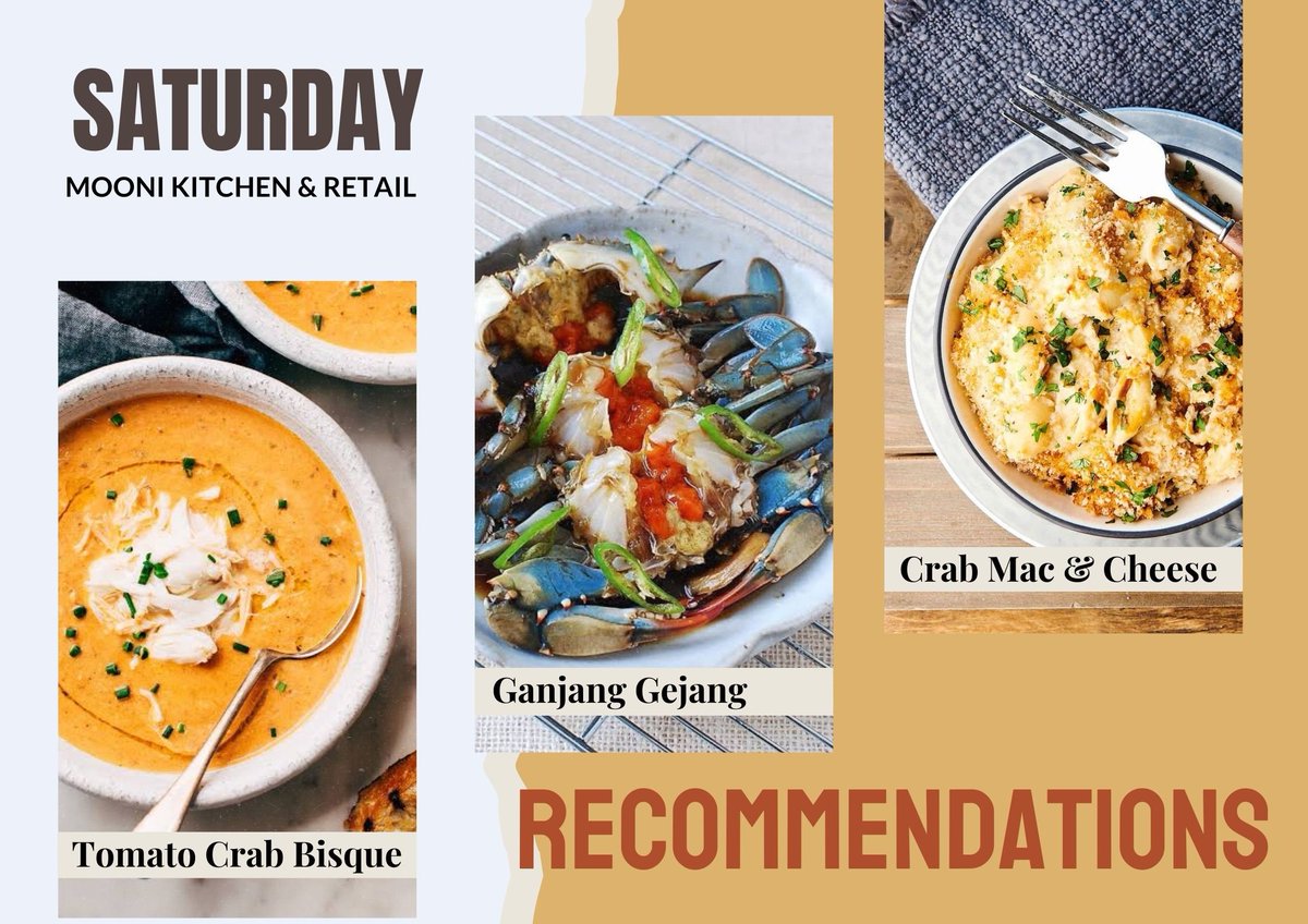 ㅡ TODAY'S MENU RECOMMENDATIONS
( 22/06/24 ) :
• Tomato Crab Bisque
• Ganjang Gejang ( Marinated Raw Crab )
• Crab Mac&amp;Cheese.

Boleh memesan menu lain selama masih berbahan dasar kepiting.