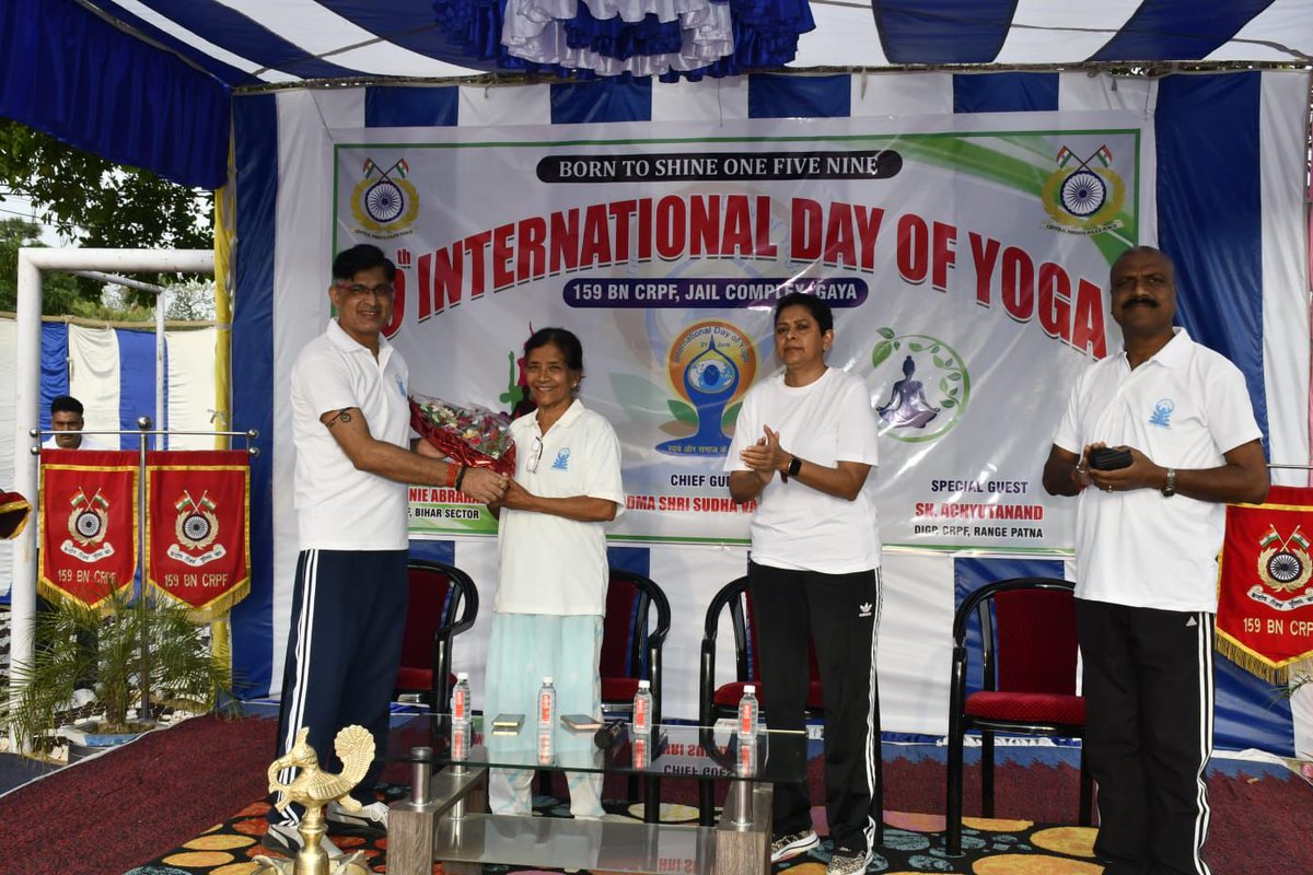 Today International Yoga Day was celebrated in the premises of Unit Hqr <a href="/Crpf159bn/">CRPF 159BN</a> Guest of Honour Miss Annie Abraham, IGP, CRPF, Bihar Sector Chief  Guest Padma Shri Sudha Varghese Spl Guest Sh.Achyutanand, DIGP Range Patna &amp; all senior officers, Jawans took part on the occasion