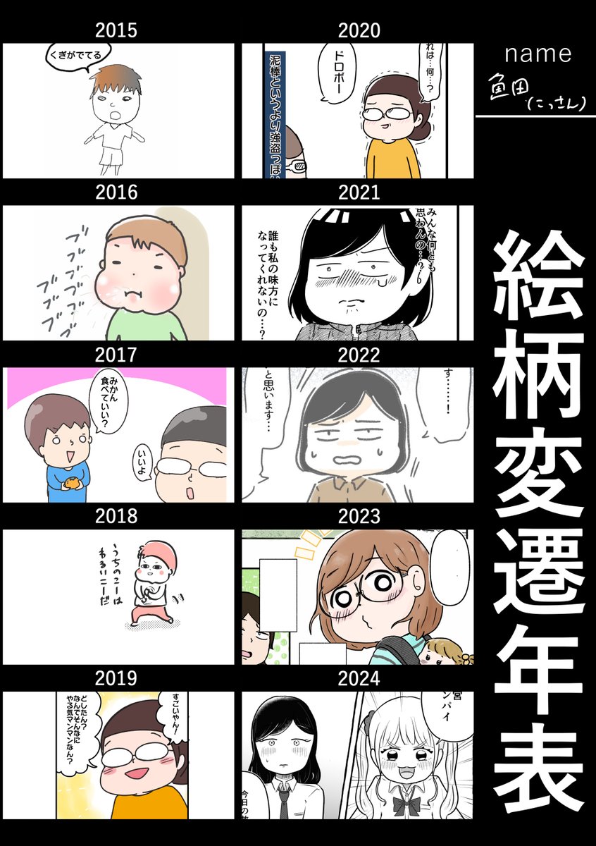 できた!
ちょうど8年前から絵を描き始めました!
のびしろある～!!
 #絵柄変遷年表 
