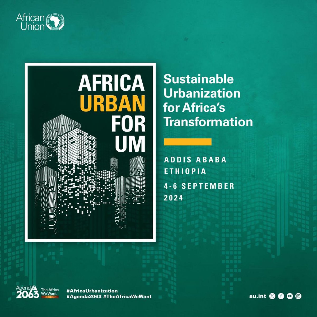FIRST AFRICAN URBAN FORUM:  Sustainable Urbanization for Africa’s Transformation- Vision 2063

Registration and call for side events now open!!!

here is the link: au.int/en/newsevents/…

<a href="/UNHABITAT/">UN-Habitat</a> <a href="/WUF_UNHabitat/">World Urban Forum</a> 
<a href="/UNOSAA1/">UN Office of the Special Adviser on Africa</a> 
<a href="/AJEnglish/">Al Jazeera English</a> 
<a href="/France24_fr/">FRANCE 24 Français</a> 
<a href="/CGN_FR/">CGN France</a> 
<a href="/globalcitieshub/">Global Cities Hub</a>