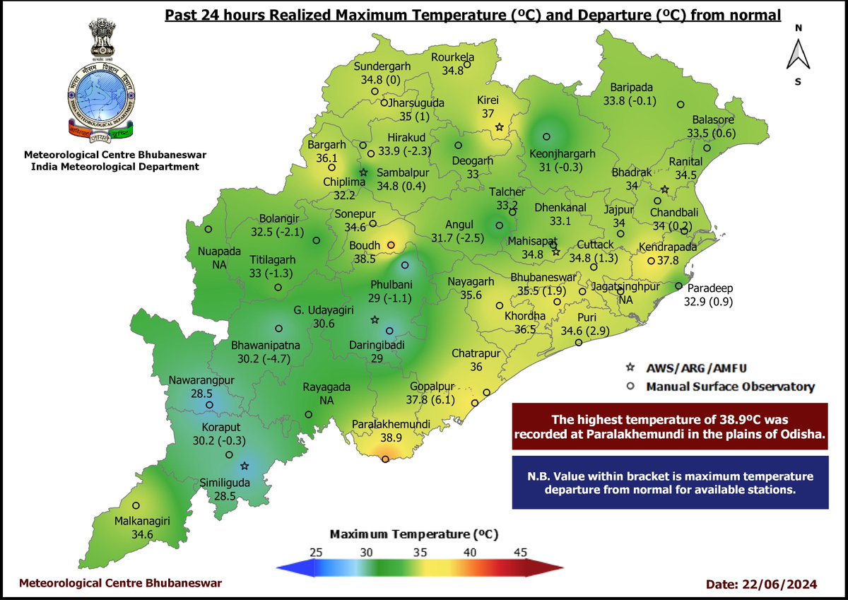 mcbbsr's tweet image. Past 24 hours Realized #MaximumTemperature (ºC) and Departure (ºC) from normal