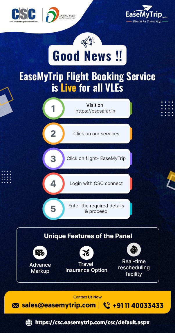 CSCegov_'s tweet photo. Good News!!
EaseMyTrip Flight Booking Service is LIVE for all VLEs...
To book tickets, visit https://t.co/GOnL1CSNOH
For any queries, contact us at cscsafar@csc.gov.in or call us at 14599
#CSC #CSCSafar #EaseMyTrip #DigitalIndia #CSCTravelService #CSCSafarService https://t.co/sIgWGPal3E