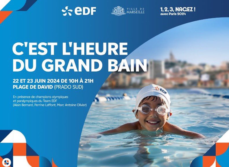 💦🏊‍♀️🤿 C’est aujourd’hui 1,2,3 Nagez! plage du Prado(David) #Marseille 
 
EDF, partenaire des Jeux Olympiques et Paralympiques de <a href="/Paris2024/">Paris 2024</a> s’investit activement dans le développement de la natation. 

Venez nager en pleine mer dans un espace sécurisé. 

bassindespossibles.com