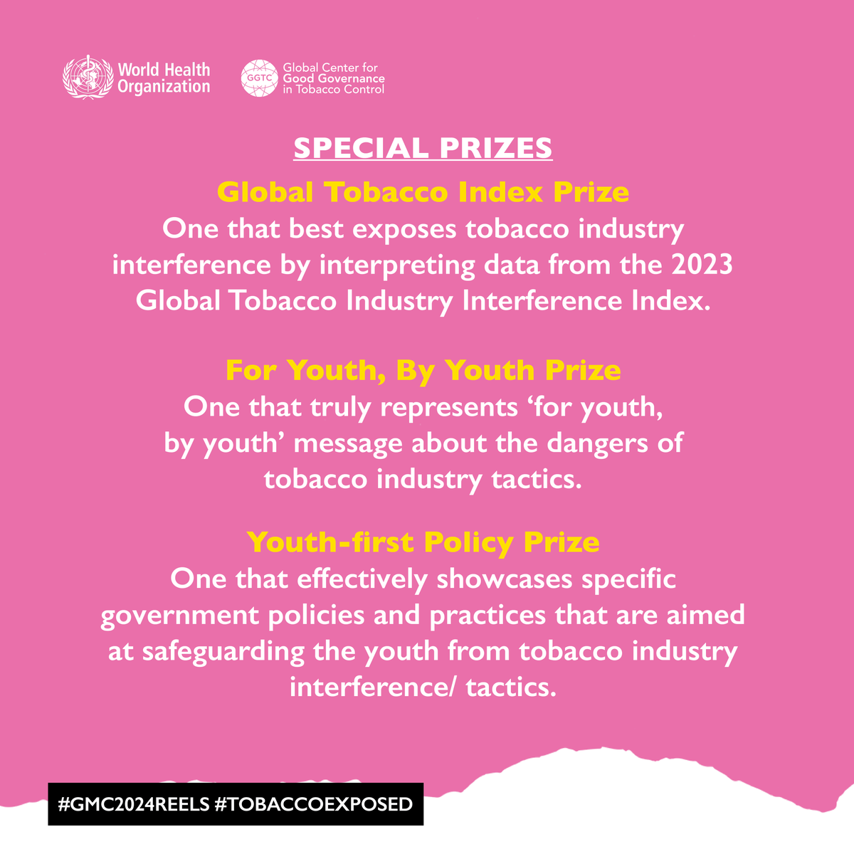 TheGGTC's tweet photo. Ready to tackle big issues in short videos? 🎬

Win as much as US $5,000 by exposing the #tobacco industry tactics targeting the youth!

Join the Global Media Competition 2024 - "Social Reels Challenge: Expose Tobacco Industry Tactics Targeting Young People." Register now at  ... https://t.co/TJu2jlzGTE