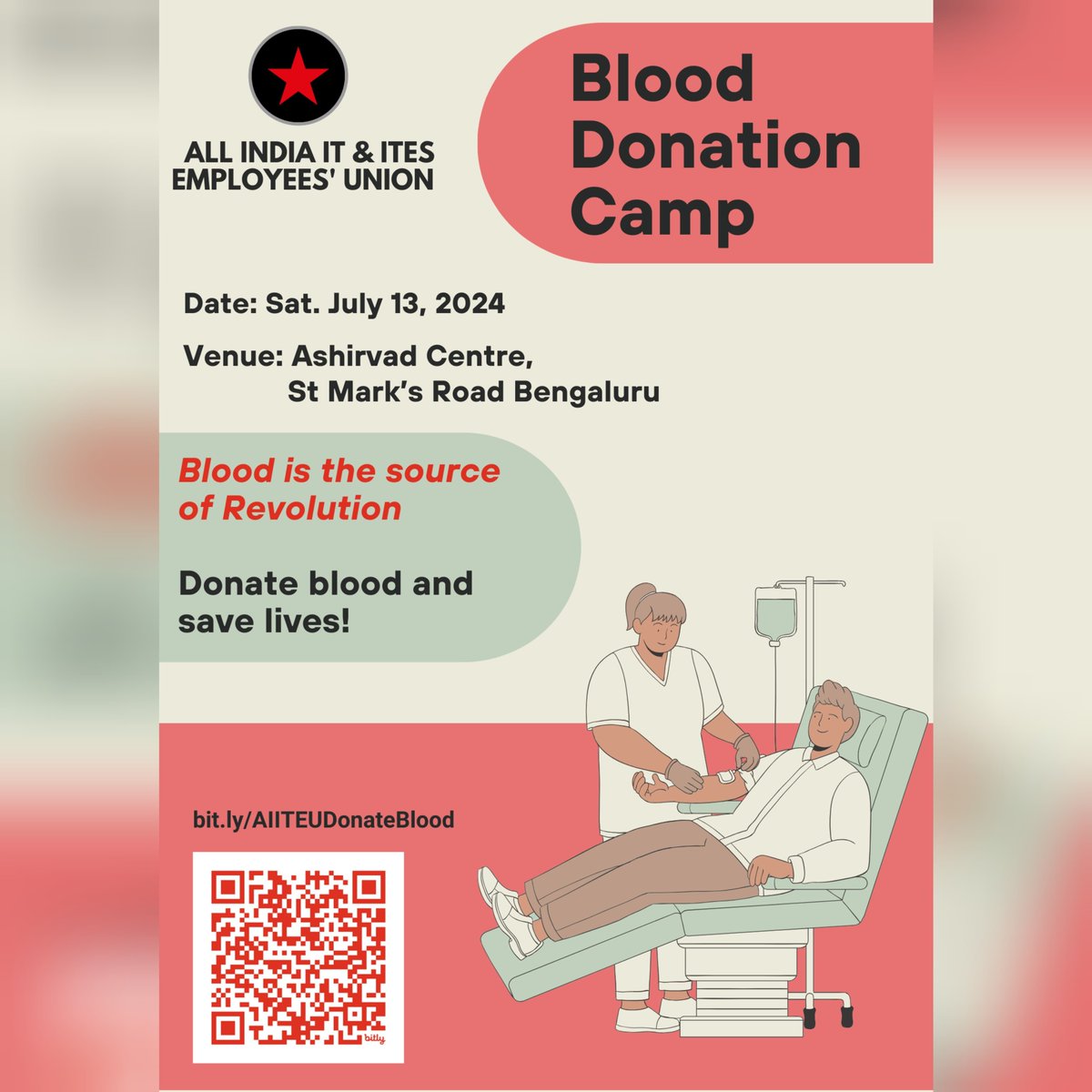 Bangalore, join us for a life-saving endeavour at the All India IT &amp; ITeS Employees’ Union Blood Donation Camp!

Let's come together on Saturday, July 13, 2024, at Ashirvad Centre on St. Mark’s Road.

Sign up here: docs.google.com/forms/d/e/1FAI…
