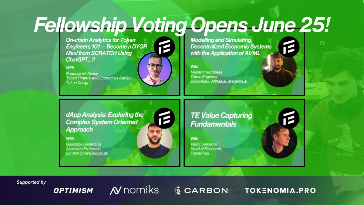 tokengineering's tweet image. 3 DAYS LEFT until our Fellowship Winner voting opens! 

To all Study Season &amp;amp; #TEFundamentals students, mint/secure your TE Academy NFTs in time to vote!

Join our live voting session on Tuesday, June 25, at 15:00 UTC to meet candidates and cast your vote: buff.ly/4bivIkn