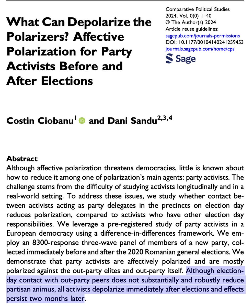 Costin Ciobanu (@costinmciobanu) on Twitter photo New article with <a href="/DaniSandu7/">Dani Sandu</a> out in <a href="/cps_journal/">Comparative Political Studies</a>
Using Romanian data, we study whether contact between activists acting as party delegates in precincts on election day reduces affective polarization.
doi.org/10.1177/001041… New article with <a href="/DaniSandu7/">Dani Sandu</a> out in <a href="/cps_journal/">Comparative Political Studies</a>
Using Romanian data, we study whether contact between activists acting as party delegates in precincts on election day reduces affective polarization.
doi.org/10.1177/001041…