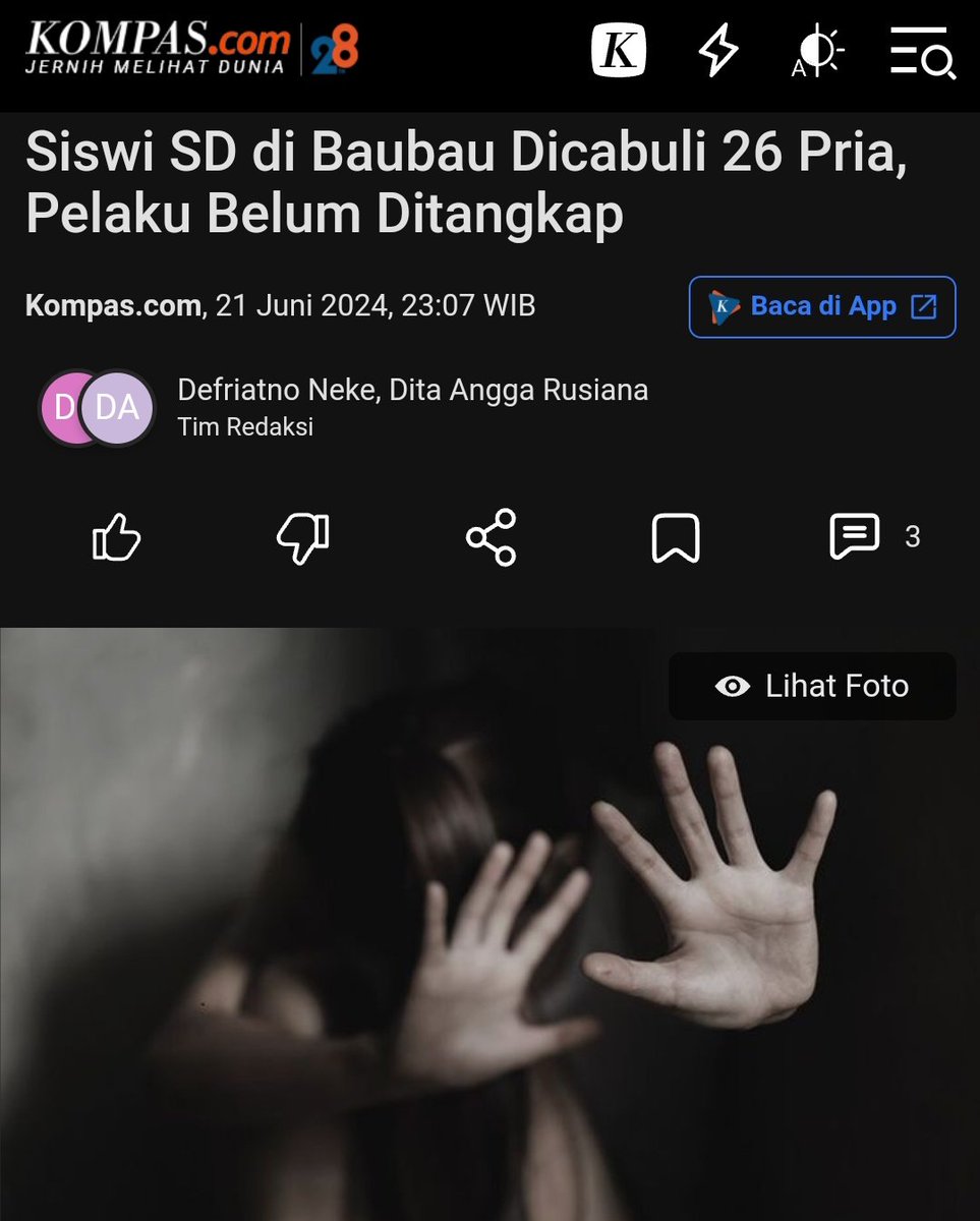 .
.
B I A D A B   !!! Siswi SD umur 13 tahun
DIPERKOSA 20 PRIA, tambah Dicabuli 6 Pria ??!!!

Sampe detik ini BELOM ADA SATUPUN PELAKU DITANGKAP ??!!!

Apa ini nunggu Viral dulu <a href="/DivHumas_Polri/">Divisi Humas Polri</a> ??!

Tolong Atensi Serius buat <a href="/Polres_Baubau/">PolresBaubau</a> dan Polsek Lea Lea .. Kami Publik akan