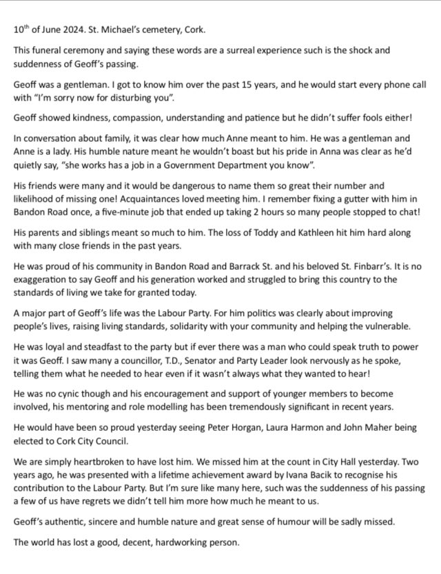 LabourCSC's tweet image. It’s been a frenetic few weeks for our members in Cork topped with jubilation at the success of 3 elected councillors to city hall.
Tinged with sadness at the passing of a much loved member Geoff O’Sullivan.
A few words were spoken at his funeral by our Chair, Shane O’Meara.