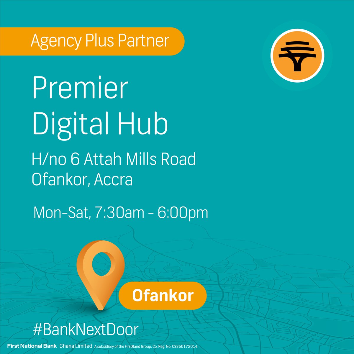 firstnatbankgh's tweet image. Hello Ofankor!

You can now #BankNextDoor at Premier Digital Hub, located at house number 6 on the Attah Mills Road. 

Transact easily and conveniently at this location from Monday to Saturday between 7:30 am and 6:00 pm each day.

#AgencyPlus #HowCanWeHelpYou