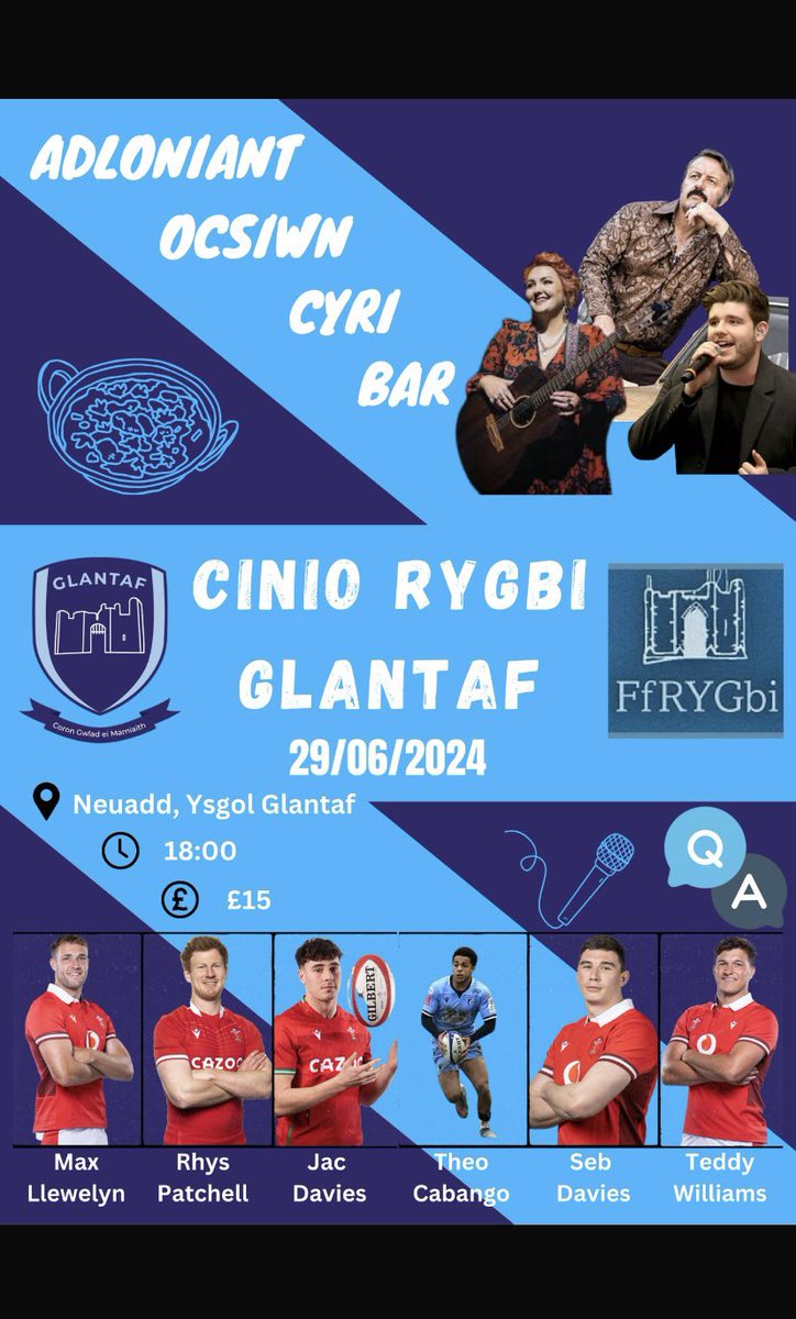 Academi Rygbi Glantaf (@glantafxv) on Twitter photo 🇿🇦Cinio Taith Rygbi De Affrica SADWRN 29/6/24 6pm nes hwyr🇿🇦
£15 y tocyn, byrddau o 10
Cysylltwch gyda Mr Garner am docynnau GarnerR7@hwbcymru.net
🇿🇦South Africa Rugby Tour Dinner, Saturday 29/6/24 6pm until late 🇿🇦
£15 a ticket, tables of 10 people
forms.gle/ndfMSkaiehKyDt… 🇿🇦Cinio Taith Rygbi De Affrica SADWRN 29/6/24 6pm nes hwyr🇿🇦
£15 y tocyn, byrddau o 10
Cysylltwch gyda Mr Garner am docynnau GarnerR7@hwbcymru.net
🇿🇦South Africa Rugby Tour Dinner, Saturday 29/6/24 6pm until late 🇿🇦
£15 a ticket, tables of 10 people
forms.gle/ndfMSkaiehKyDt…