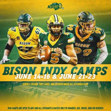 Malcolm MacGrath ’25 QB (@malcolmmacgrath) on Twitter photo I will be attending the <a href="/NDSUfbCamp/">NDSU FB Camp</a> this weekend. Excited to compete!
<a href="/NDSUfbCamp/">NDSU FB Camp</a> <a href="/CoachRHedberg/">Randy Hedberg</a> I will be attending the <a href="/NDSUfbCamp/">NDSU FB Camp</a> this weekend. Excited to compete!
<a href="/NDSUfbCamp/">NDSU FB Camp</a> <a href="/CoachRHedberg/">Randy Hedberg</a>