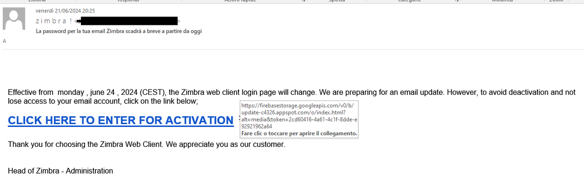 Slvlombardo's tweet image. 🔴#Phishing #Zimbra
📧🎯🇮🇹
via #Firebasestorage 
Cc/ @ZimbraSupport