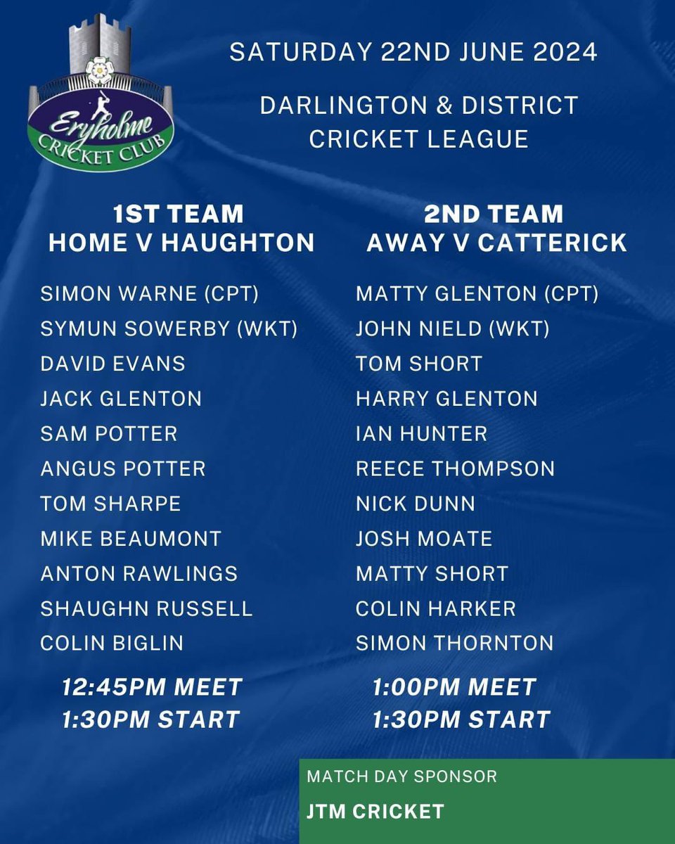 Some proper cricketing weather for a change this weekend, as both teams are in action.

The 1s host unbeaten league leaders, Haughton whilst the 2s travel to Catterick. Teams are below.

Thanks to today's match day sponsor JTM Cricket.

#UpTheHolme