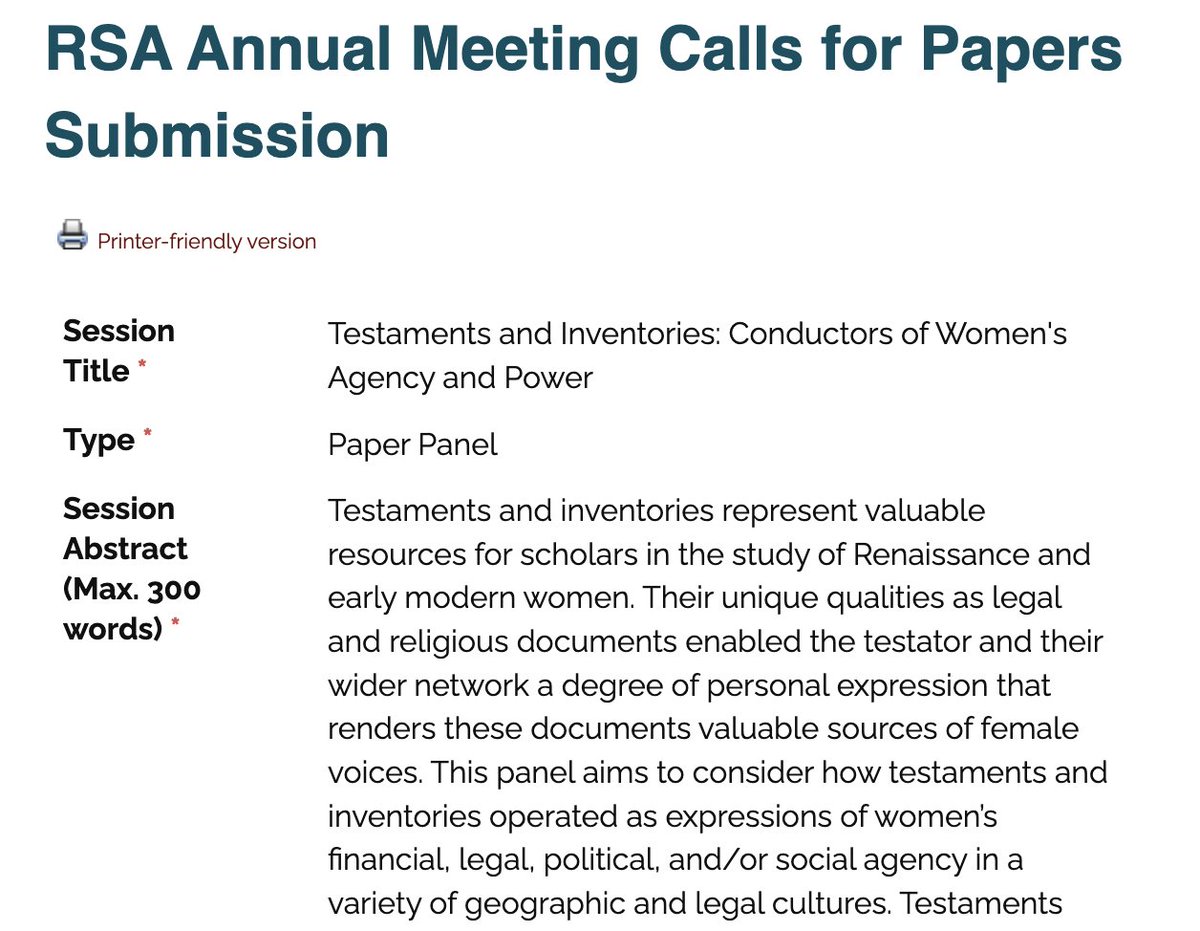 Thinking of presenting at #RSA2025? Interested in testaments+inventories+women in #earlymodern world? CFP: "Testaments and Inventories: Conductors of Women's Agency and Power." Send us your abstract by July 22. Full details: rsa.org/forms/FormResp… #RenTwitter