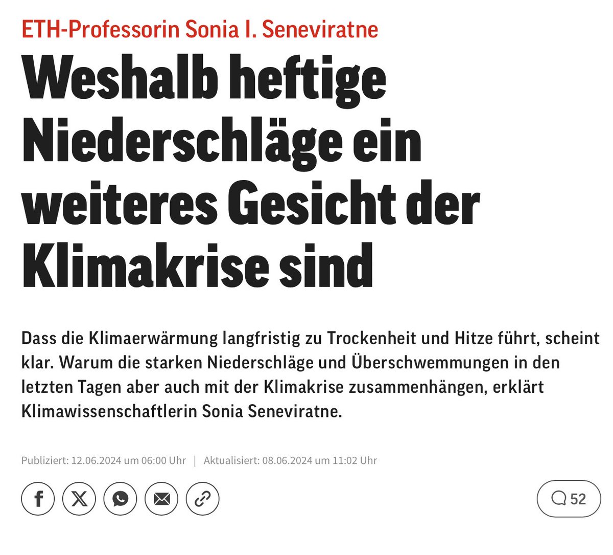 Prof Sonia I. Seneviratne (@siseneviratne) on Twitter photo Meine neueste Kolumne im <a href="/Sonntags_Blick/">SonntagsBlick</a>: Heftige Niederschläge sind ein weiteres Gesicht der Klimakrise
"Die Länder, die zu wenig unternehmen, um ihre CO2-Emissionen zu reduzieren, werden in zukünftigen Geschichtsbüchern als fahrlässig bezeichnet werden"
blick.ch/meinung/eth-pr… Meine neueste Kolumne im <a href="/Sonntags_Blick/">SonntagsBlick</a>: Heftige Niederschläge sind ein weiteres Gesicht der Klimakrise
"Die Länder, die zu wenig unternehmen, um ihre CO2-Emissionen zu reduzieren, werden in zukünftigen Geschichtsbüchern als fahrlässig bezeichnet werden"
blick.ch/meinung/eth-pr…