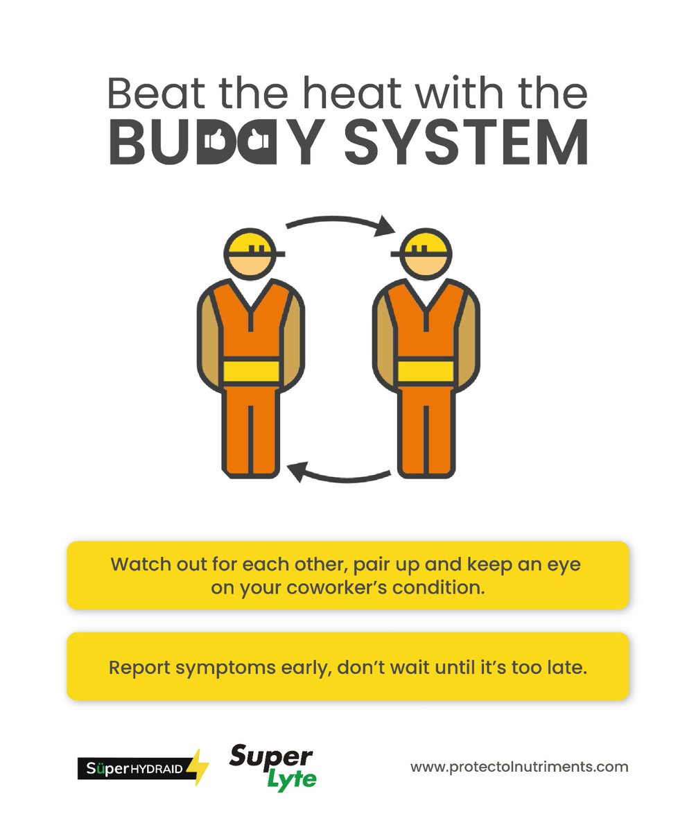 protectolhs's tweet photo. Beat the heat with the Buddy System! 👷♂️👷♀️ Pair up, keep an eye on each other, and report symptoms early. Stay safe, stay cool, and stay hydrated! #HeatSafety #WorkSafe #SuperLyte #SuperHydraid #protectolhealth https://t.co/4SCjuzAijQ