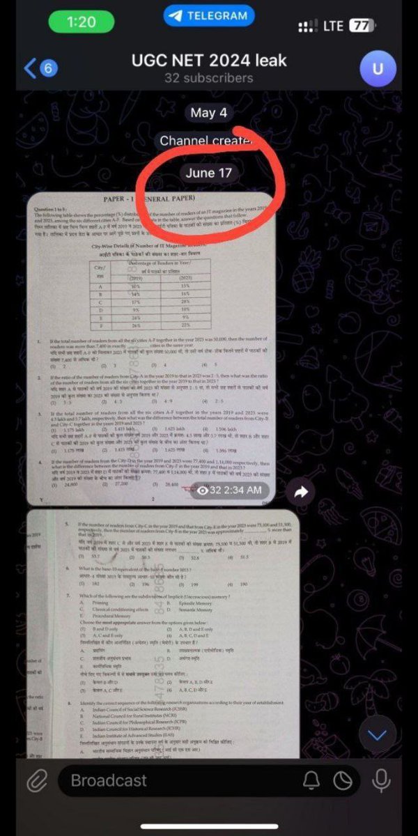 slothofalltradz's tweet photo. What the hell is going on? Now the UGC-NET paper was leaked before the examination on Telegram.
Like there is no integrity left in conducting exams.
#UGC_NET #ugc #NET_JRF #NTA_ही_अपराधी #NTA
@NTA_Exams
@harshiee_26 https://t.co/bhdKP0YEvJ