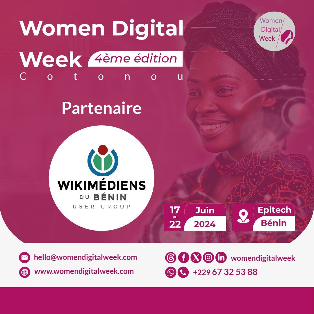 Women Digital Week (@wodigitalweek) on Twitter photo 🥰Nous avons le plaisir de vous informer que <a href="/WikimediaBj/">Wikimédia Bénin</a> est partenaire de la 4ème édition de Women Digital Week.
✍Ils animeront la conférence sur <a href="/Wikipedia_fr/">Wikipédia en français</a> & IA et comment contribuer sur #wikipédia lors du forum AfroTech Ladies se tient ce samedi 22 juin 2024
#team229 🥰Nous avons le plaisir de vous informer que <a href="/WikimediaBj/">Wikimédia Bénin</a> est partenaire de la 4ème édition de Women Digital Week.
✍Ils animeront la conférence sur <a href="/Wikipedia_fr/">Wikipédia en français</a> & IA et comment contribuer sur #wikipédia lors du forum AfroTech Ladies se tient ce samedi 22 juin 2024
#team229