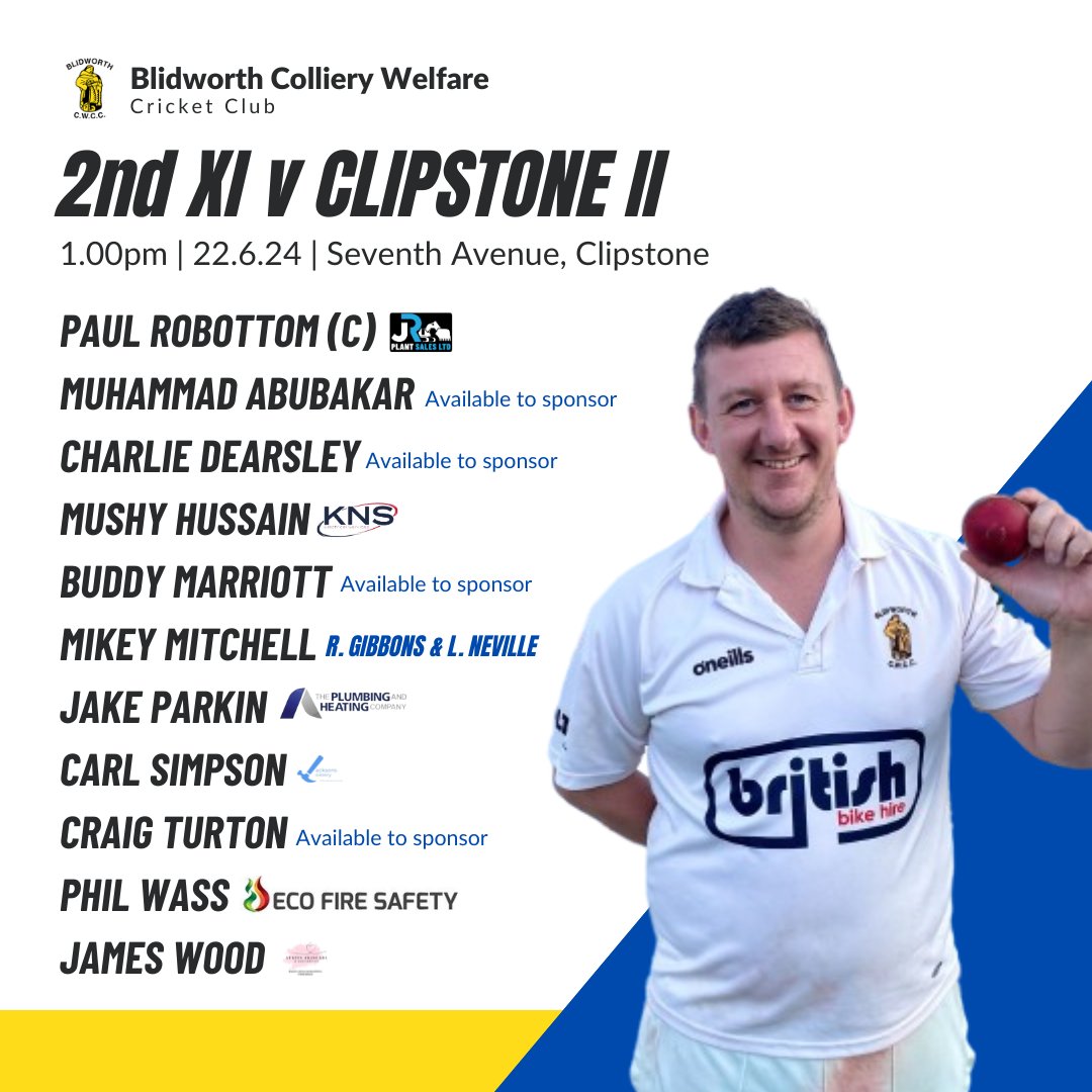 📣 𝐓𝐨𝐝𝐚𝐲'𝐬 𝐬𝐪𝐮𝐚𝐝𝐬

The 1st XI welcome Mansfield Hosiery Mills II to Blidworth as 1st take on 2nd.

The 2nd XI travel to Clipstone II, which is also a top of the table clash.

#UTB | 🏏🔵