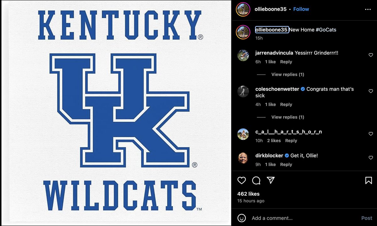 6-foot-4, 180-pound #California freshman RHP transfer Oliver Boone announces his commitment to <a href="/UKBaseball/">Kentucky Baseball</a>.

Boone was 1-1, 4.45, 1 SV with 34 K in 30.1 IP over 12 appearances. He held opponents to a .188 average.