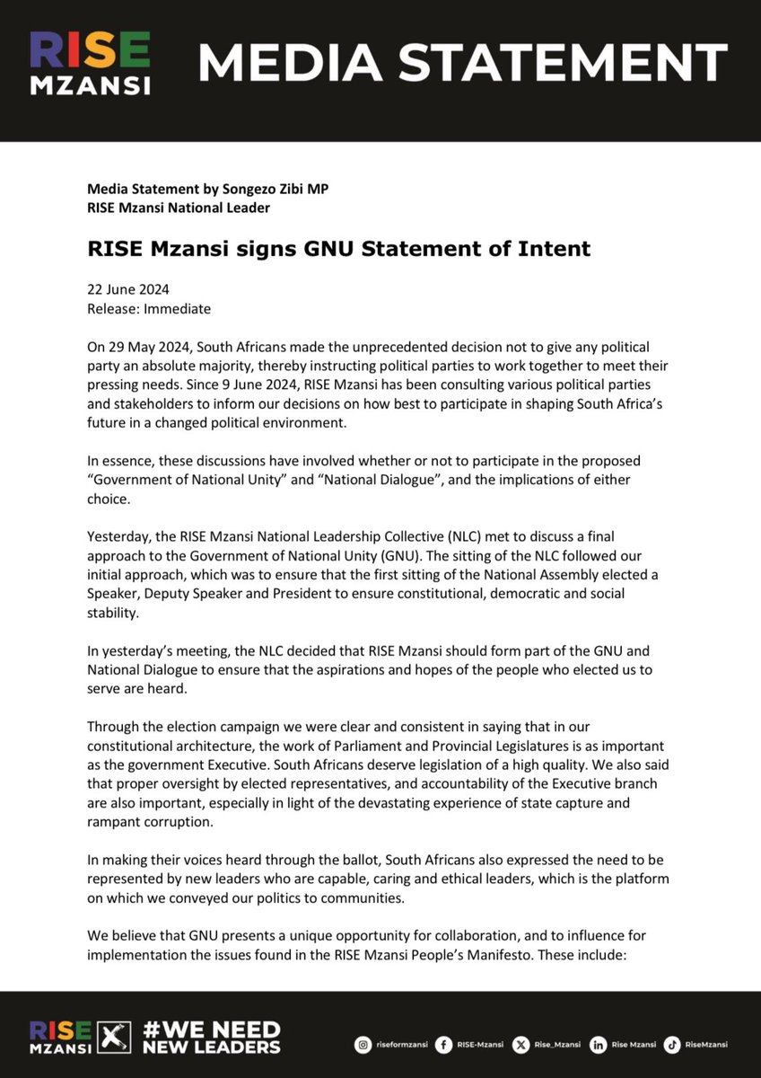 Rise_Mzansi's tweet photo. [MEDIA STATEMENT] 

RISE Mzansi signs GNU Statement of Intent - Statement by Songezo Zibi (@SongezoZibi) MP, RISE Mzansi National Leader

#RISEMzansi
#ForThePeopleByThePeople https://t.co/M3csx7Wj5h