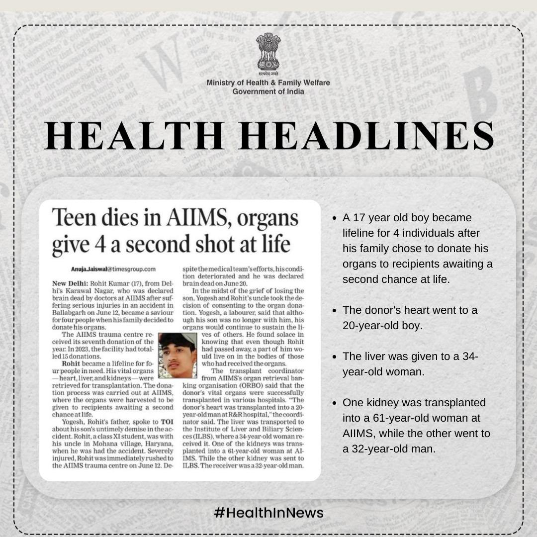 MoHFW_INDIA's tweet photo. A story of courage: Witness the profound impact of a teen's generosity, offering hope and healing to those in need.
https://t.co/HOoOTUadQa
.
.
#HealthHeadlines
#SaveLives https://t.co/HgqOhr1K4J