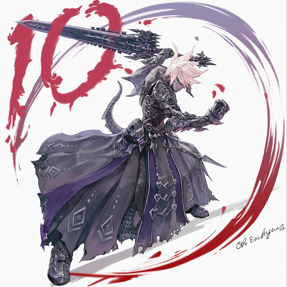 A male Au Ra dark knight with light hair, dark skin, and blue eyes, dressed in dark mail armor, with tattered cloth extending from the waistline. The character is posing dramatically with their long great sword extended upward behind them. 10 days to go until Dawntrail.