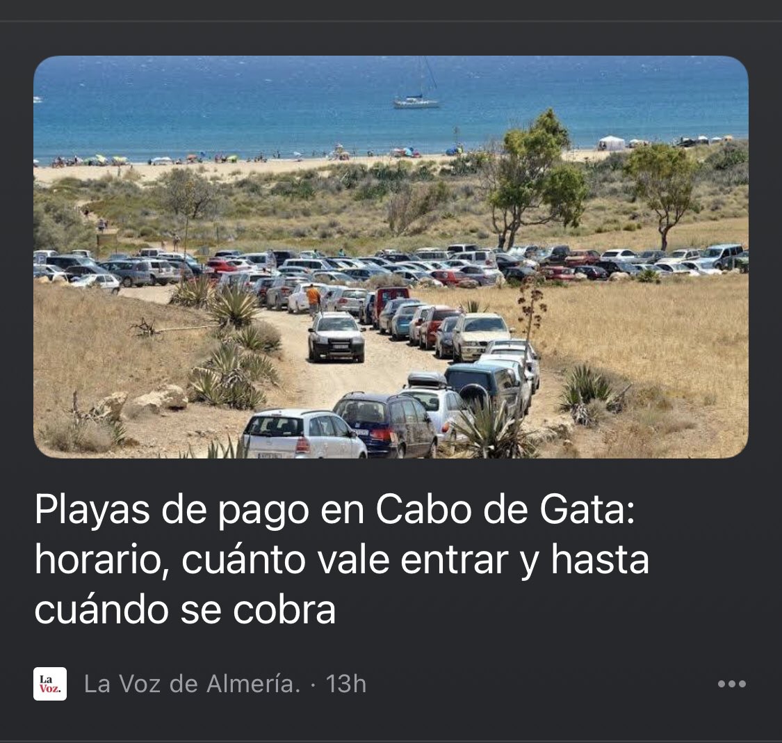 Y luego se quejan de que la gente ya no lee los periódicos, con titulares mentirosos 🤥 no me extraña.

No hay playas de pago en Cabo de gata, te cobran si vas en tu propio coche, andando es gratis, hay transporte público y cientos de playas sin barrera.