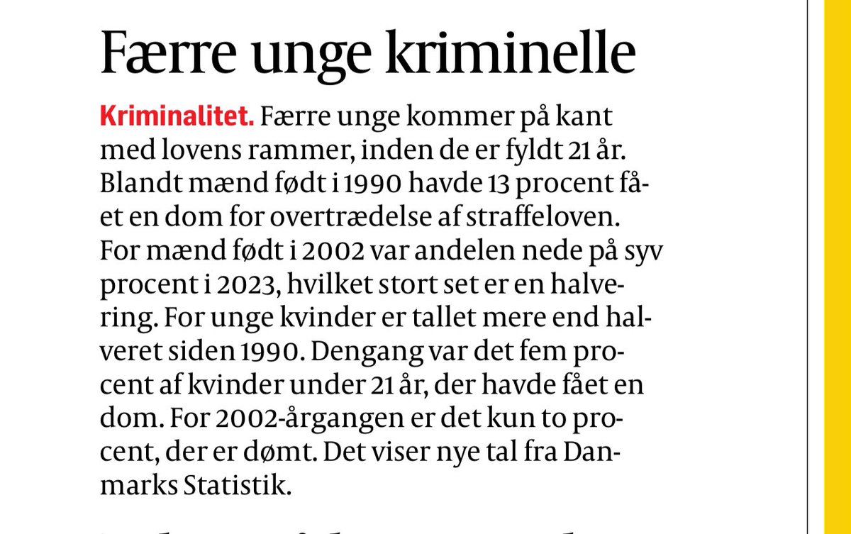 Mediedanmark, hjælp mig med at forstå: vi hører jævnligt om politikeres frygt for unge kriminelle på fortove og i kældre. Idag på s 7 i <a href="/politiken/">Politiken</a> en notits om, at ungdomskriminaliteten er næsten halveret. HVORFOR ER DET IKKE EN FORSIDENYHED?