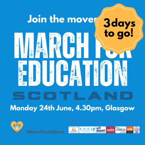 🏫 3 days to go until the #MarchForEdScot! 🏫

Be a part of this important movement for education reform. 🗣️👨‍🏫

🗓️Mon 24th June, 4.30pm
📍The Royal Concert Hall steps, Glasgow 

<a href="/EISUnion/">EIS</a> <a href="/NASUWT_Scotland/">NASUWT Scotland</a> <a href="/unisonscot/">UNISON Scotland</a> <a href="/GMBScotOrg/">GMB Scotland</a> <a href="/AHDScotland/">AHDS</a>

Learn more: bit.ly/3wWYKqR