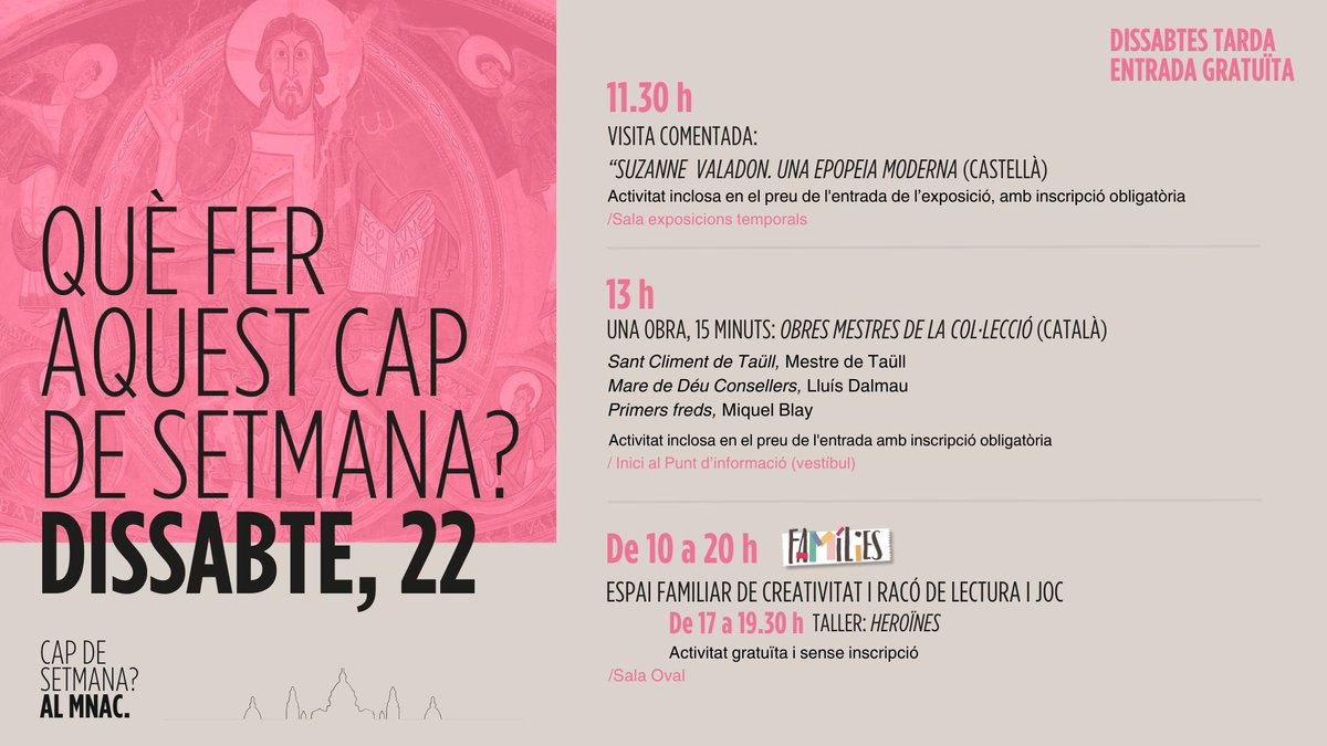 MuseuNac_Cat's tweet photo. El temps passa ràpid i el #CapDeSetmanaMNAC ja és aquí! Si sou a Barcelona aprofiteu els 3 dies per visitar-nos. Suzanne #Valadon, #PereFormiguera, #Longaron, #Fargnoli, #mésfotografia, #méscòmic, visites comentades, #highlights us esperen: https://t.co/vcKrHE3jFA https://t.co/HZNjcNQBHD