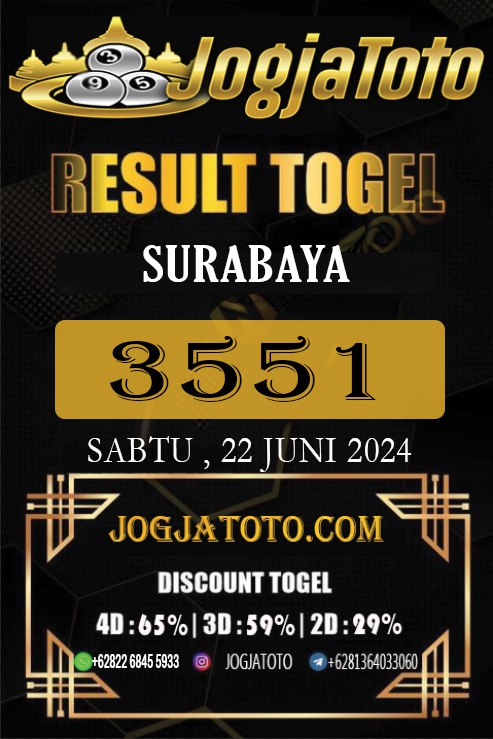 jogjatoto's tweet photo. RESULT TOGEL 22 JUNI 2024 JOGJATOTO

⭐️SURABAYA⭐️
⭐️3551⭐️

DI COBA HOKI NYA BERSAMA JOGJATOTO Link :https:/linkr.bio/jogjatotologin

#JOGJATOTO #resulttogel #togelonline #hasilresultjogjatoto #togelonline #RESULTTOGEL #angkatogel #SURABAYA https://t.co/GrNZ2zsbdo