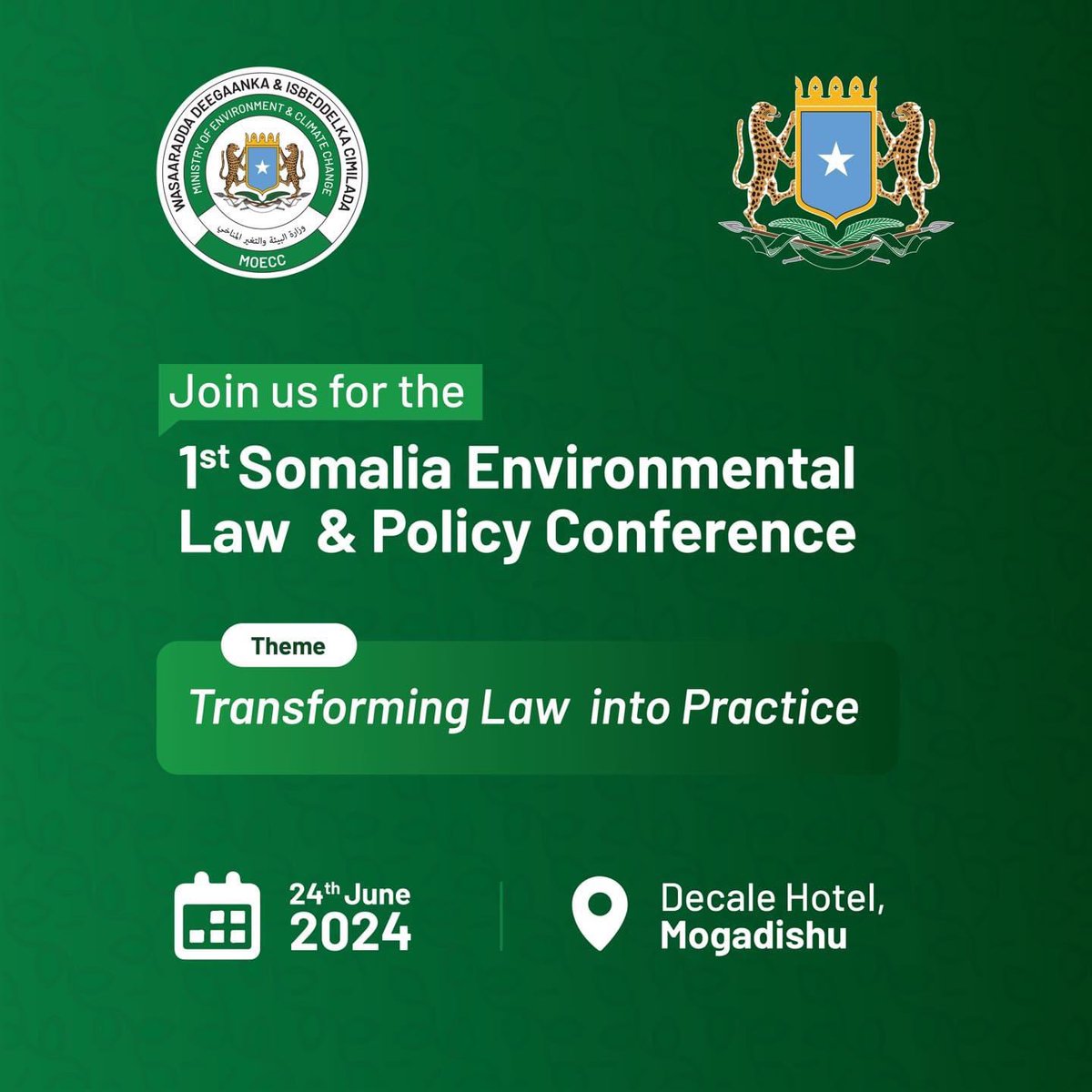 Somali Environmental Forum (@somenviroforum) on Twitter photo 🌍 Exciting news!
<a href="/SomEnviroForum/">Somali Environmental Forum</a> is thrilled to attend and participate in the 1st Somalia Environmental Law & Policy Conference on June 24, 2024, at the prestigious Decale Hotel, Join us for this transformative event organized by <a href="/MoECC_Somalia/">Ministry of Environment & Climate Change 🇸🇴</a>
We can't wait to see you there! 🌍 Exciting news!
<a href="/SomEnviroForum/">Somali Environmental Forum</a> is thrilled to attend and participate in the 1st Somalia Environmental Law & Policy Conference on June 24, 2024, at the prestigious Decale Hotel, Join us for this transformative event organized by <a href="/MoECC_Somalia/">Ministry of Environment & Climate Change 🇸🇴</a>
We can't wait to see you there!