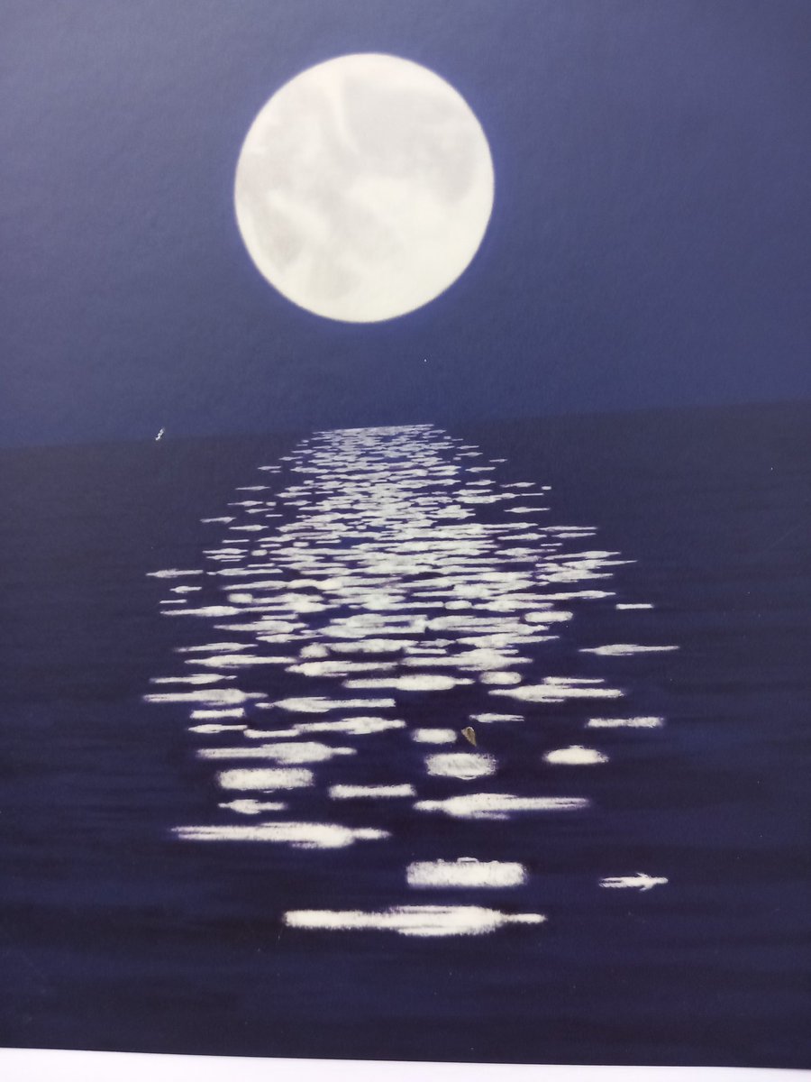 JeanParr17's tweet photo. It's a beautiful day, but if you happen to be jn Lancaster city centre, please call into the art exhibition at the library. It's on a refugee theme. Look at this picture of moonlight, then look carefully at the sea.....! https://t.co/AwNJpoFbDh